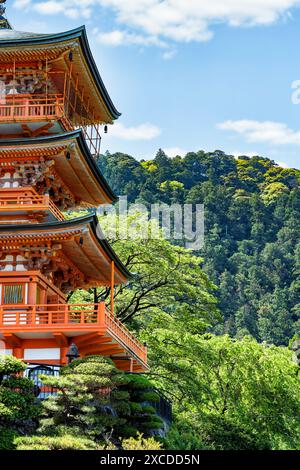 Die rote dreistöckige Pagode des Seigantoji Buddhistischen Tempels vor den Nachi Falls. Wunderschöne Naturlandschaft in Nachikatsuura, Japan Stockfoto