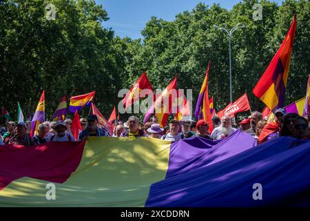 Madrid, Spanien. Juni 2024. Tausende republikanischer und antimonarchischer Menschen sind in einer Demonstration zum 10. Jahrestag der Herrschaft von Felipe VI. Als spanischer Monarch durch das Zentrum von Madrid marschiert. Quelle: D. Canales Carvajal / Alamy Live News Stockfoto