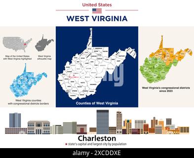 West Virginia Countys Karte und Kongressbezirke seit 2023 Karte. Skyline von Charleston (Hauptstadt des Bundesstaates und bevölkerungsreichste Stadt). Vektorsatz Stock Vektor