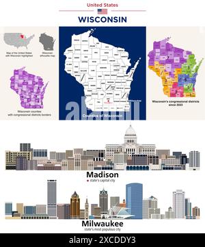 Wisconsin County Karte und Kongressbezirke seit 2023 Karte. Skylines von Madison (Hauptstadt des Bundesstaats) und Milwaukee (bevölkerungsreichste Stadt). Stock Vektor