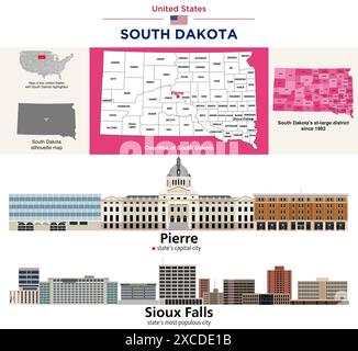 South Dakota Countys Karte und Kongressbezirke seit 2023 Karte. Pierre (Hauptstadt des Bundesstaates) und Sioux Falls (bevölkerungsreichste Stadt des Bundesstaates) skyli Stock Vektor