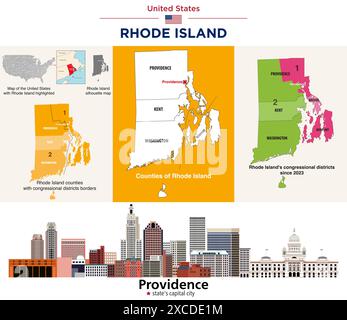 Rhode Island Countys Karte und Kongressbezirke seit 2023 Karte. Skyline von Providence (Hauptstadt des Bundesstaates und bevölkerungsreichste Stadt). Vektorsatz Stock Vektor