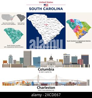 South Carolina County Map und Kongressbezirke seit 2023 Map. Columbia (Hauptstadt des Bundesstaates) und Charleston (bevölkerungsreichste Stadt des Bundesstaates) SK Stock Vektor