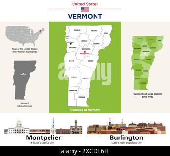 Vermont Countys Karte und große Bezirkskarte des Kongresses. Skylines von Montpelier (Hauptstadt des Bundesstaates) und Burlington (bevölkerungsreichste Stadt des Bundesstaates) Stock Vektor