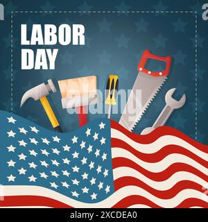 Quadratisches Poster, blaues Happy Labor Day Banner mit amerikanischer Flagge und einfache Bauwerkzeuge Stock Vektor