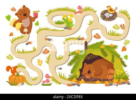 Bär schläft in der Höhle. Cub sucht nach dem richtigen Weg. Kindergartenkinder lernen ein Labyrinth. Arbeitsblatt für Kinder-Labyrinth. Hilf dem Tier, den Weg zu finden Stock Vektor