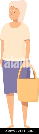 Seniorin steht und hält wiederverwendbare Einkaufstasche, umweltfreundlicher Lebensstil, Zero Waste Konzept Stock Vektor