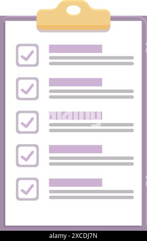 In der Zwischenablage wird eine abgeschlossene Checkliste angezeigt, wobei jedes Element mit einem Häkchen und einer Fortschrittsleiste markiert ist, die den Abschluss anzeigt Stock Vektor