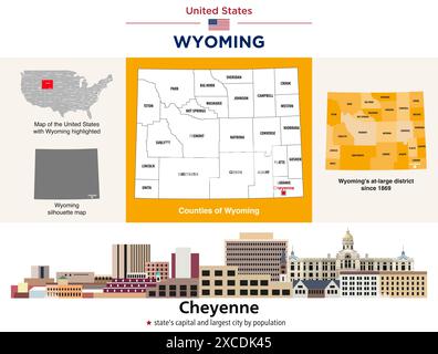 Landkarte der Wyoming Countys und große Landkarte der Kongressbezirke. Skyline von Cheyenne (Hauptstadt des Bundesstaates und bevölkerungsreichste Stadt). Vektorsatz Stock Vektor