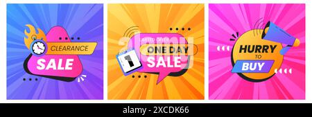 Quadratisches letztes Mal-Angebot oder heiße Verkaufsbanner in leuchtenden Farben. Eintägige Aktionsabdeckungen mit Stoppuhr und Megaphon-Symbol. Postervorlage für Rabattangebote für soziale Medien, Online-Shopping-Website Stock Vektor