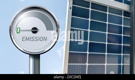 Solarpaneele und Messgerät mit Aufschrift EMISSION. Pfeil zeigt auf Null... Stockfoto