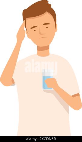 Der junge Mann fühlt sich unwohl, hält seinen Kopf mit der einen Hand und ein Glas Wasser mit der anderen, leidet an Kopfschmerzen Stock Vektor