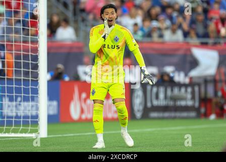 Juni 2024; Foxborough, MA, USA; Vancouver Whitecaps Torhüter Yohei Takaoka (1) reagiert während des MLS-Spiels zwischen Vancouver Whitecaps FC und New England Revolution. Anthony Nesmith/CSM Stockfoto