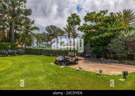 Nahaufnahme eines Golfwagens, der auf dem Hotelparkplatz in der Nähe der Golfplätze geparkt ist. Aruba. Stockfoto