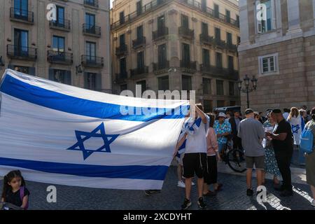 Der Saint-James-Platz in Barcelona war Zeuge einer pro-israelischen Kundgebung, die die Freiheit der von der Hamas entführten Personen forderte und Israel unterstützte. Die von der Polizei stark bewachte Kundgebung wurde mehrmals von pro-palästinensischen Demonstranten unterbrochen. La Plaza de San Jaime de Barcelona ha sido testigo de una centrraci-n proisrael' que ped'a la libertad de los secuestrados por Ham‡s y apoyaba a a Israel. La centrraci-n, fuertemente custodiada por la polic'a, fue interrumpida numerosas veces por manifestantes propalestinos. News Politics -Barcelona, Spanien sonntag, 16. juni 2024 (Foto: Eric Renom/L Stockfoto