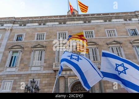 Der Saint-James-Platz in Barcelona war Zeuge einer pro-israelischen Kundgebung, die die Freiheit der von der Hamas entführten Personen forderte und Israel unterstützte. Die von der Polizei stark bewachte Kundgebung wurde mehrmals von pro-palästinensischen Demonstranten unterbrochen. La Plaza de San Jaime de Barcelona ha sido testigo de una centrraci-n proisrael' que ped'a la libertad de los secuestrados por Ham‡s y apoyaba a a Israel. La centrraci-n, fuertemente custodiada por la polic'a, fue interrumpida numerosas veces por manifestantes propalestinos. News Politics -Barcelona, Spanien sonntag, 16. juni 2024 (Foto: Eric Renom/L Stockfoto