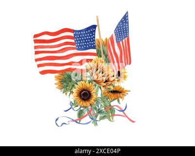 Patriotischer Sonnenblumenstrauß mit amerikanischen Flaggen. Sommerblumen mit verflochtenen Bändern. Aquarellabbildung. Wir feiern den 4. Juli in den USA Stockfoto