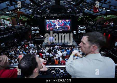 Fans im 4theFans Greenwich Fan Park in London sehen sich das Spiel der UEFA Euro 2024 Gruppe C zwischen Serbien und England an. Bilddatum: Sonntag, 16. Juni 2024. Stockfoto