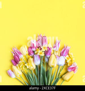 Frühlingsblume aus violetten und gelben Tulpen und gelben Narzissen auf gelbem Hintergrund. Flache Ladefläche, Kopierraum Stockfoto