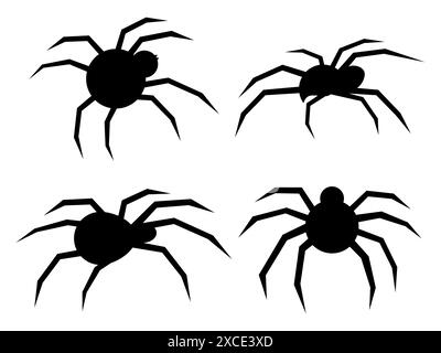 Set mit schwarzer Witwe-Silhouette. Silhouetten des Spinnensymbols auf weißem Hintergrund. Ansicht des Kreuzkörpers von der Seite und von oben. Design für Druck, Stock Vektor