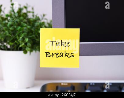 Gelbes Papier mit den Worten Take Breaks (Pausen machen), die an einem Arbeitsplatz im Büro an einem Monitor angebracht sind. Stockfoto