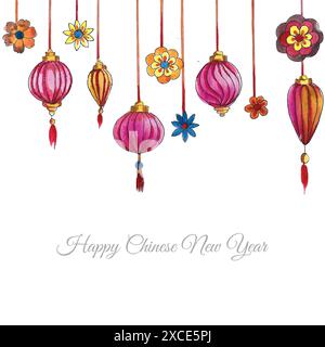 Hand gezeichnet dekorative chinesische Laternen Neujahrskarte Hintergrund Stock Vektor
