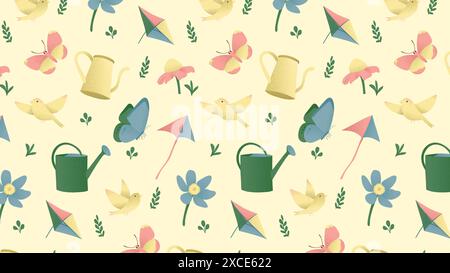 Nahtloses Federmuster. Oberflächenmusterkonstruktion. Drachen, Vogel, Schmetterling, Gießkanne, blaue Blume, gelber Hintergrund Stock Vektor
