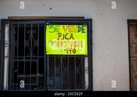 Ein Haus, das für den Verkauf von leckeren Schildkröten und den Preis wirbt, Granada, Nicaragua Stockfoto