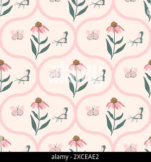 Elegantes nahtloses Damastmuster mit lila Konefloren, verwoben mit zarten Schmetterlingen. Das purpurne Echinacea-Blumenschmuck. Vektorhandzeichnung Stock Vektor