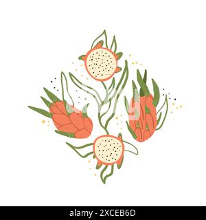 Drachenfrucht isoliert auf weißem Hintergrund. Exotisches süßes Dessert. Ganze und Scheibe reifer tropischer Drachenfrüchte. Vektor Hand gezeichnet flache Illustrationen Stock Vektor