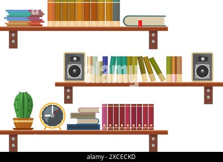 Buchregale aus Holz mit Zeichentrick Stock Vektor