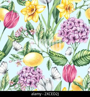 Blühendes Aquarellmuster mit Zitronen, Narzissen, Tulpen, Schmetterlingen und Hortensien. Rotes Blumenmuster für Textildesign, Stoffe, Karten, wa Stockfoto