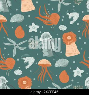 Nahtloses Muster mit verschiedenen Meereslebewesen, einschließlich verschiedener Quallen, Meeressternen und nahtlosem Korallenmuster. Endloser Hintergrund. Vektor, Hand flach gezeichnet Stock Vektor