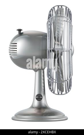 Schreibtisch mit Metallventilator, Retro-Stil. Seitenansicht, 3D-Rendering isoliert auf weißem Hintergrund Stockfoto