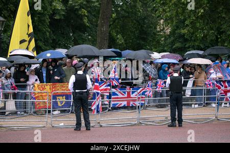 Monarchie-Demonstranten und Unterstützer Trooping the Colour Color London 2024 Stockfoto