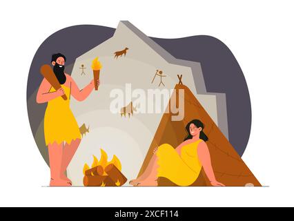 Der alte Mensch in der Höhle. Stammesmenschen sitzen am Lagerfeuer. Mann und Frau sitzen in der Nähe von Felsen mit Felskunst. Antike Geschichte der Erde. Cartoon Flat Stock Vektor