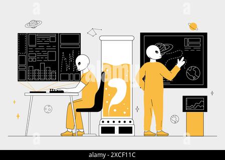 Aliens im Shuttle. Fantasie und Mystik, Fantasie. Humanoide auf Raumschiffen in der Nähe von Objektträgern mit mathematischen Formeln. Weltraum und Universum. Linear flach Stock Vektor