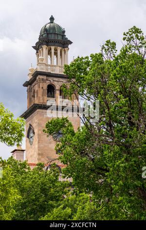 Der Glockenturm des Pioneers Museum in Colorado Springs, Colorado, umgeben von Bäumen Stockfoto