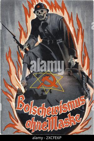 Ein antikommunistisches Propagandaplakat der nazis aus dem Jahr 1937. Es zeigt ein Skelett in einer Uniform der Roten Armee auf einem glühenden Globus. Der Text lautet Bolschewismus unmaskiert Stockfoto