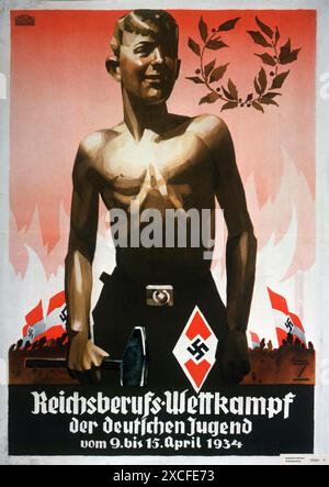 Ein nazi-Propagandaplakat für den Reichsberufswettkampf 1934. Der Reichsberufswettkampf war ein jährlich stattfindender Berufswettbewerb in Nazi-Deutschland im Rahmen der Konsolidierung der deutschen Gesellschaft. Der Wettbewerb wurde von der Deutschen Arbeitsfront mit Unterstützung der Hitlerjugend und des nationalsozialistischen Deutschen Studentenbundes organisiert. Stockfoto