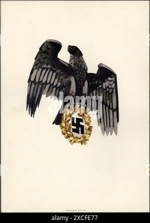 Der Rückumschlag einer dekorativen Telegrammmappe in Farbe von der Deutschen Reichspost aus dem Jahr 1936. Es hat Nazi-Bilder, mit dem deutschen Adler, der einen Swatika-Kranz trägt. Die Titelseite dieses Ordners ist mein Bild: Es wurde von den Post-, Telefon- und Telegrafenbüros in Nazi-Deutschland verkauft. Stockfoto