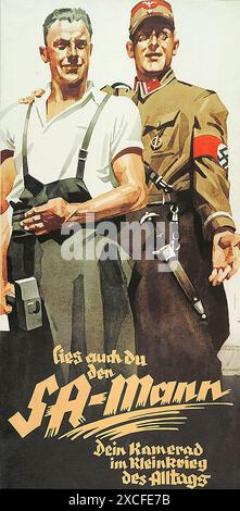 Ein Plakat aus den 1930er Jahren für das NS-Magazin SA man. Dies war eine Zeitschrift für Mitglieder der Sturmabteilung (SA). Es zeigt einen uniformierten SA-Mann mit seiner Hand schützend auf der Schulter eines Arbeiters. Der Text lautet Read der SA-Mann – dein Begleiter im Alltagskampf Stockfoto