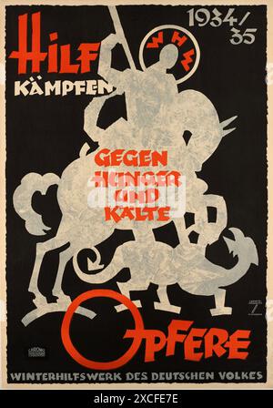 Ein NS-Plakat von 1934 zur Förderung des Winterhilfswerks. Der Beitrag zu dieser Wohltätigkeitsorganisation war nominell freiwillig, aber in Wirklichkeit war jeder verpflichtet, einen Beitrag zu leisten. Sie begann als echte Hilfe während der Depressionsjahre, wurde aber schnell zu einer wichtigen Einkommensquelle und ersetzte steuerfinanzierte Wohlfahrtseinrichtungen und gab Geld für die Aufrüstung frei. Sie hatte auch eine mächtige Propagandarolle der Solidarität des Volkes. Der Text lautet: Hilfe Opfer von Hunger und Kälte Stockfoto