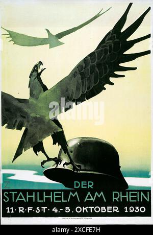 Ein 1930-Poster für den Stahlhelm. Der Stahlhelm League of Front Line Soldiers (Stahlhelm) war ein deutscher WW! Veteranenorganisation. Diese Organisationen waren eine wichtige Quelle für Rekruten für rechte paramilitärische Outfits, einschließlich Hitlers Brownshirts. Stockfoto