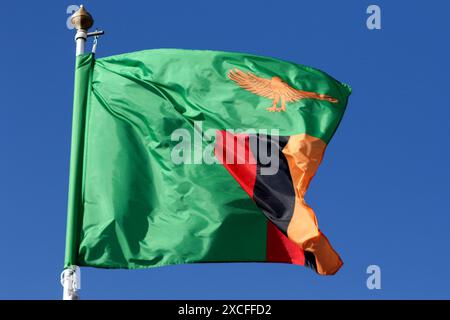 Sankt Petersburg, Russland. Juni 2024. Die Flagge der Republik Sambia auf der Tribüne der Flaggen der teilnehmenden Länder im Rahmen des Internationalen Wirtschaftsforums von St. Petersburg 2024 (SPIEF 2024). (Foto: Maksim Konstantinov/SOPA Images/SIPA USA) Credit: SIPA USA/Alamy Live News Stockfoto