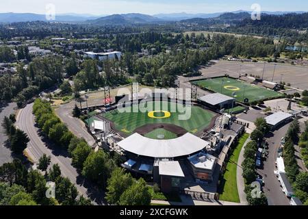 Eine allgemeine Gesamtansicht des PK Field Baseball Stadions auf dem Campus der University of Oregon, Sonntag, 9. Juni 2024, in Eugene, Erz. Stockfoto