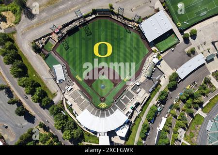 Eine allgemeine Gesamtansicht des PK Field Baseball Stadions auf dem Campus der University of Oregon, Sonntag, 9. Juni 2024, in Eugene, Erz. Stockfoto