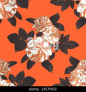 Nahtloses Luxus Half Drop Muster mit weißen und orangefarbenen Rosen mit Goldumrandung und grauen Blättern auf orangem Hintergrund. Ideal für Textilien, Oberflächen, Tapeten, Geschenkpapiere, Stoffe, Ausdrucke. Stock Vektor