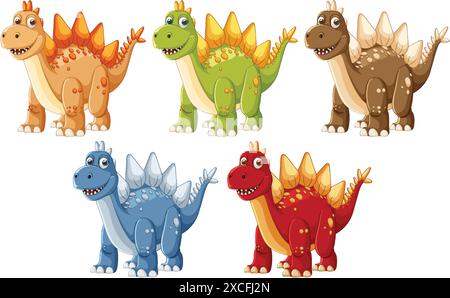 Fünf süße, bunte Cartoon-Dinosaurier in verschiedenen Posen Stock Vektor