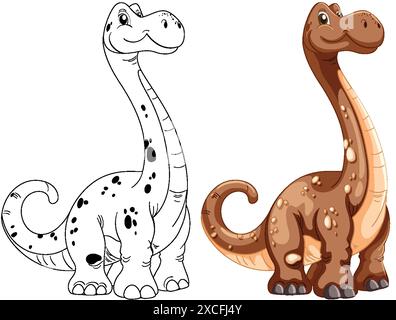 Zwei entzückende Dinosaurier, einer farbig, einer umrissen Stock Vektor